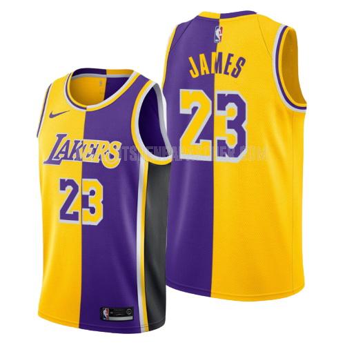 maillot nba homme de los angeles lakers lebron james 23 jaune violet divisé